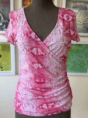 Y2K Pink Snake Print Ruched Wrap Top | Mesh V-Neck | McBling Coquette 2000s